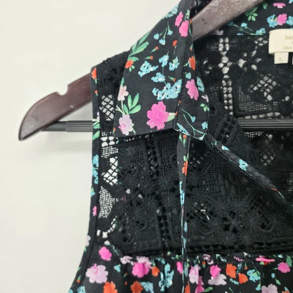 Kate Spade New York Top Black Floral Greenhouse Lace Yoke Tassels Boho Size L - Picture 3 of 12